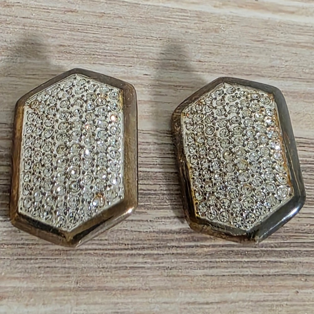 Vintage Gold Tone Hexagon Pave Crystal Clip On Earrings Geometric Statement Read
